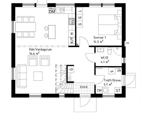 Planlösning entreplan Myresjöhus Smart 150