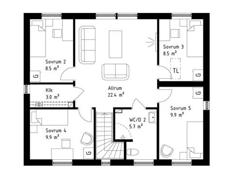 Planlösning övre plan i Myresjöhus Smart 150