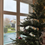 Julgran med julkulor och regn utanför fönstret