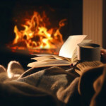 Eldstad och person som läser en bok
